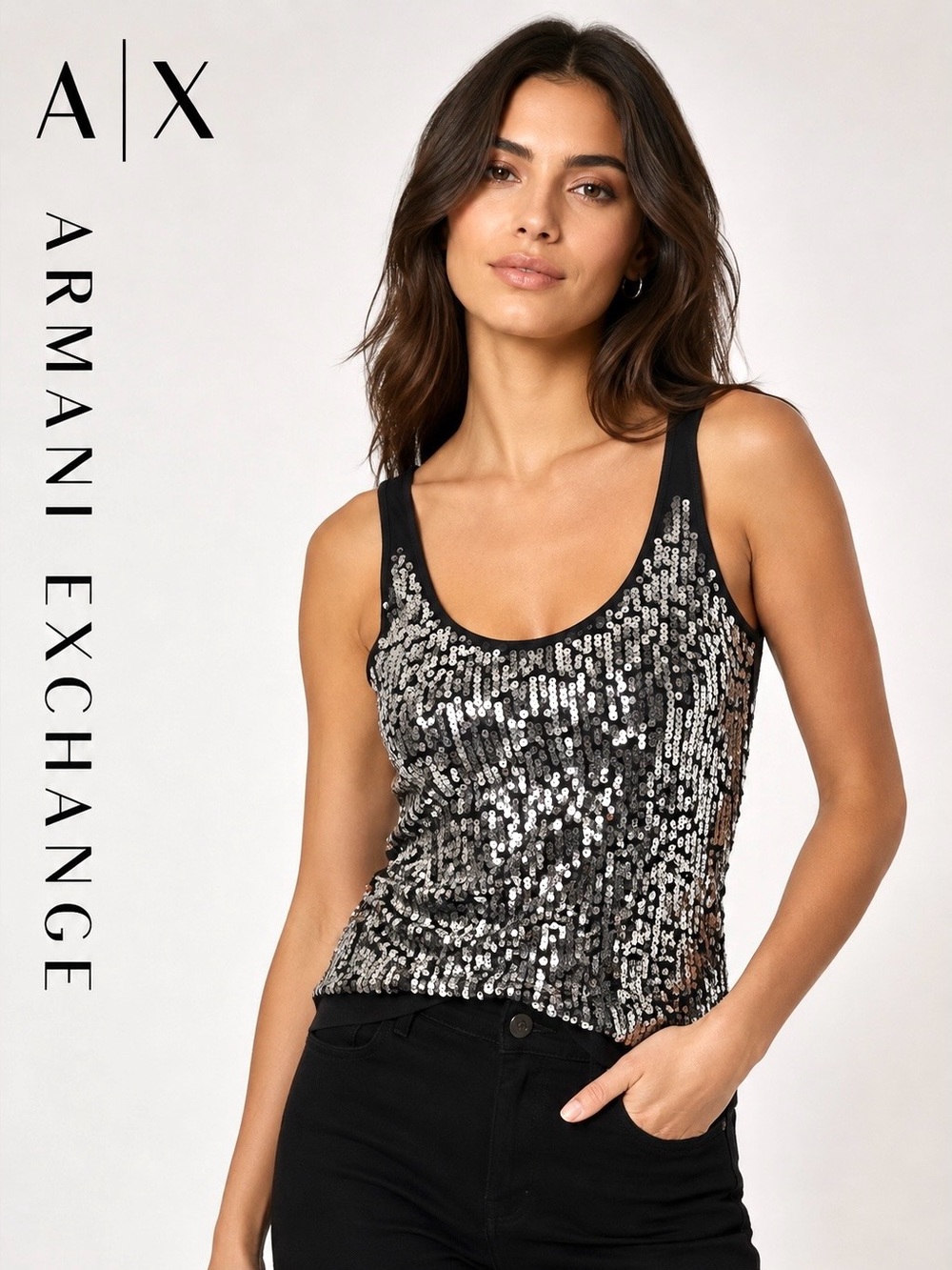 Vintage Armani Exchange Y2K Black Tank with Silvery Sequin Front